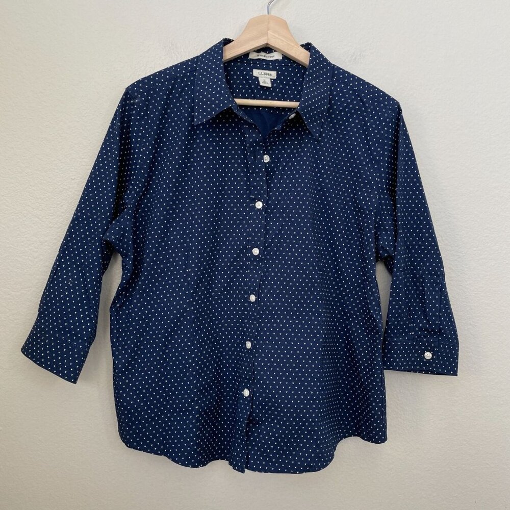 LL Bean Womens Large Petite Wrinkle Free Blue Polka Dot Shirt 3/4 Sleeve Blouse